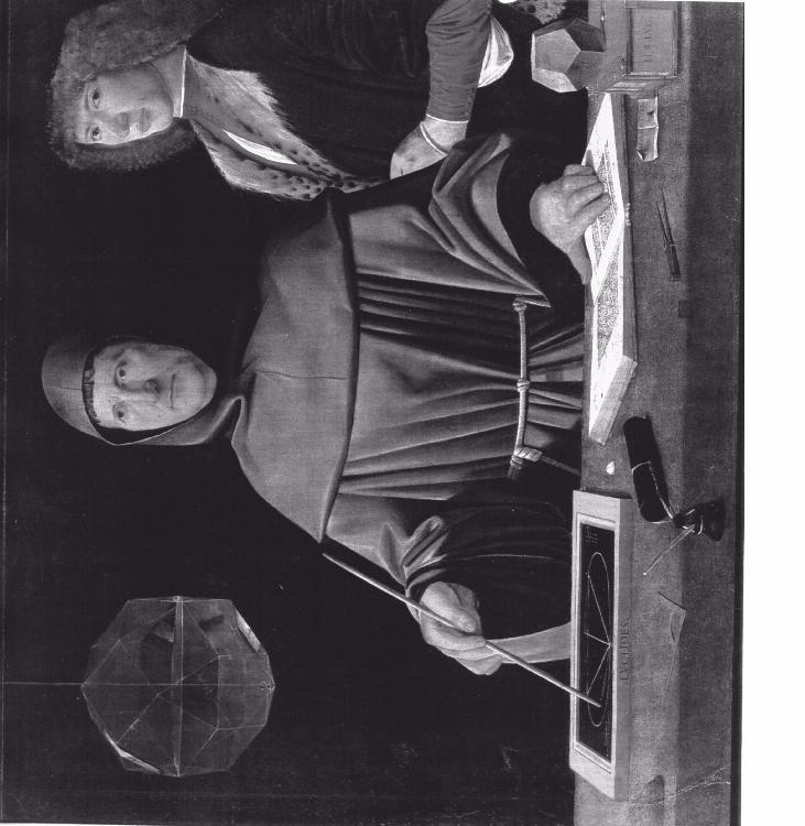 Op een schilderij van vijfhonderd jaar geleden is een wiskundeles vereeuwigd. De Franciscaan Pacioli tekent een meetkundige figuur, onder het toeziend oog van een leerling.