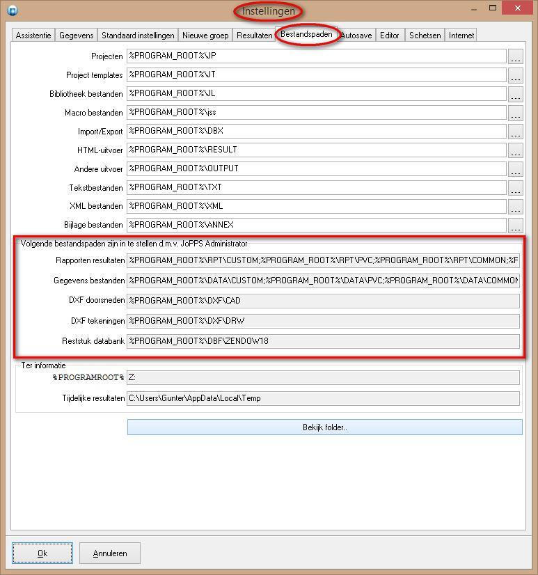 Deze instelling kan in JoPPS geraadpleegd worden in Bewerken Instellingen Bestandspaden