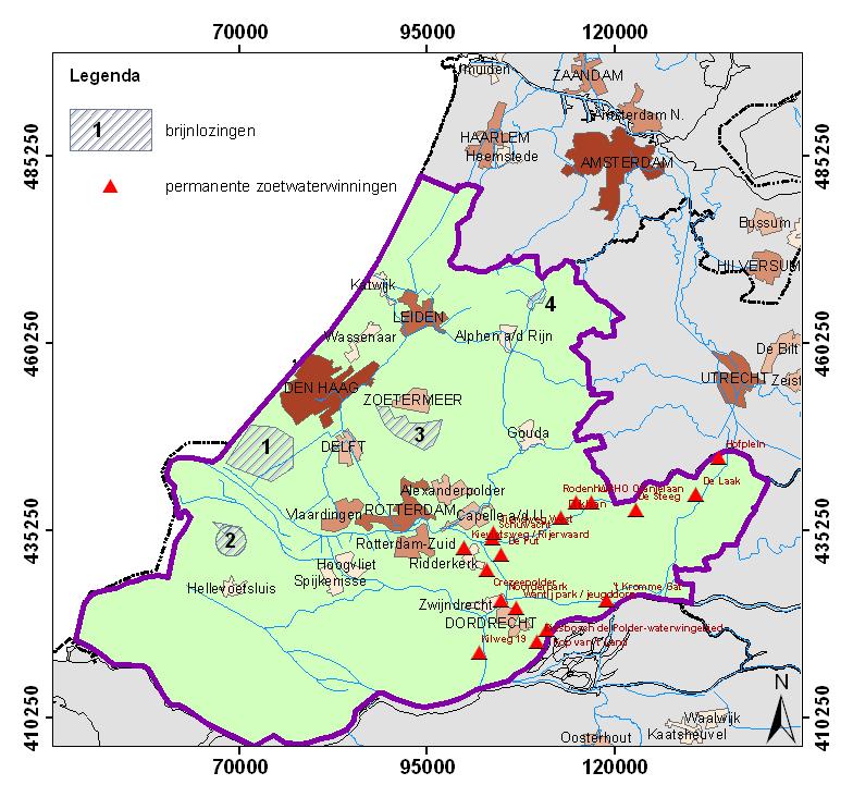 TNO-rapport NITG 04-189-B 47 / 86 Figuur 17 Locaties van de brijnlozingen en de permanente zoetwateronttrekkingen van drinkwatermaatschappij Hydron en van waterbedrijf Europoort.