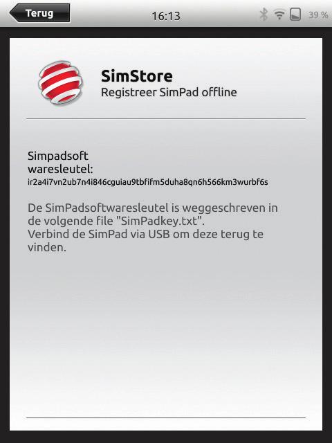 SimStore De SimPad kan ook offline worden aangemeld. Er wordt een apparaatcode gegenereerd. Meld het apparaat aan via een pc.