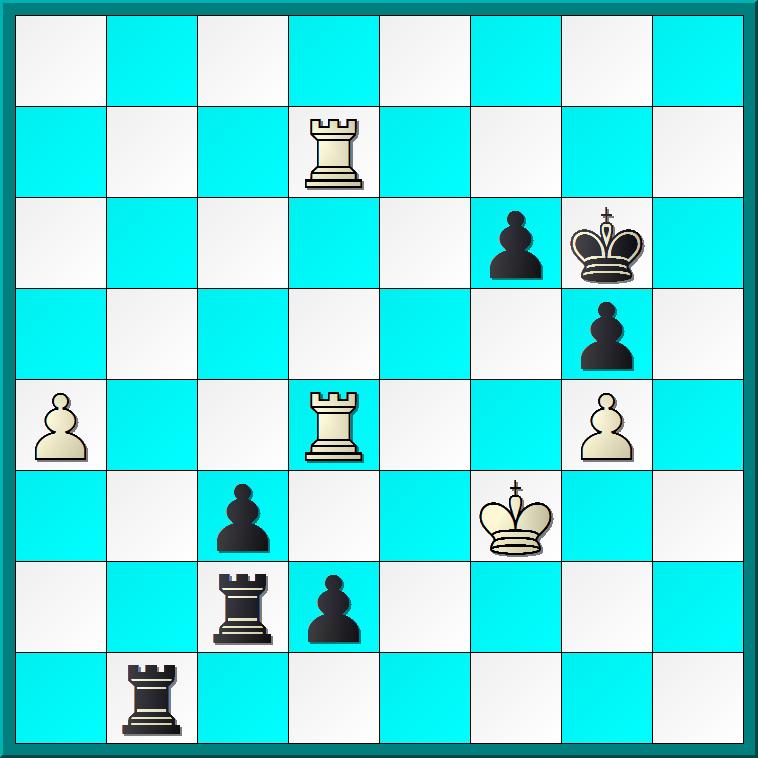 Txg2+ 52.Kxg2 Td7 enz. 50... Tc2 51.Tf2 Tbxb2 52.Tf5 Txc3 53.Tf3 Tcc2 54.Te3 Tb3 55.a4 d2 56.Kf3 Tb1 57.Te7+ Kg6 58.Ted7 c3 Wit geeft op Wit : Dr. M. Vidmar Zwart : F.