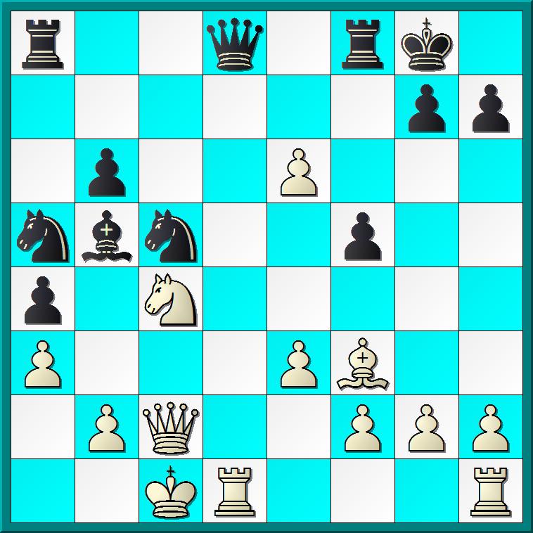 9.e3 Wit wil de opties Pb5 en a3 nog open houden. Maar direct 9.a3 zou beter zijn geweest : 9...Lxc3 10.Lxc3 0 0 11.b4 Pe4 12.e3 b6 13.Ld3 Pxc3 14.Dxc3 Lb7 met ongeveer gelijk spel. 9...0 0 10.