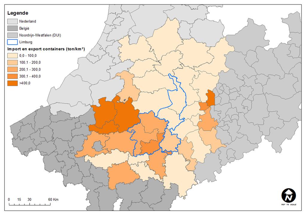 Figuur 35 Import en export van containerstromen over de weg tussen