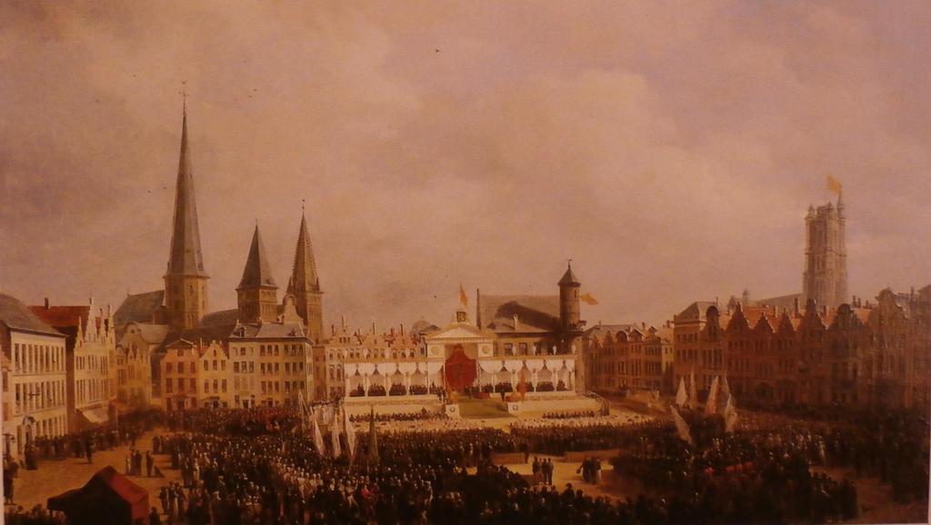 De 1 ste nijverheidstentoonstelling onder het Koningrijk der Nederlanden vond plaats in Gent op de Vrijdagmarkt in 1820. Het was de bedoeling deze schilderij te geven aan de koning Willem I.
