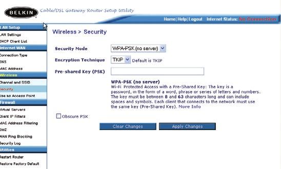 Gebruik maken van de geavanceerde web-based gebruikersinterface Het instellen van WPA-PSK (zonder server) 1. Selecteer WPA-PSK (zonder server) in het dropdown-menu Security Mode (Beveligingsmodus) 2.