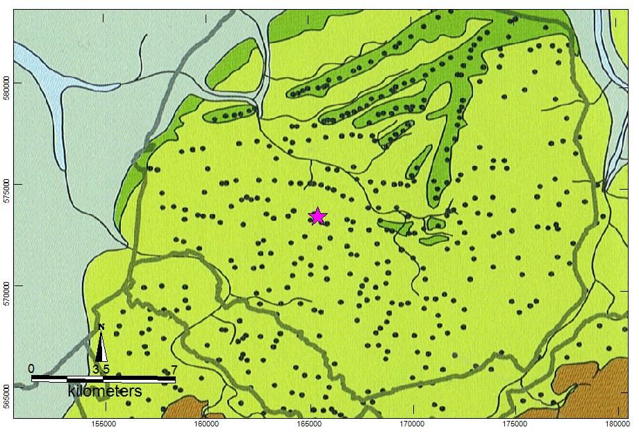 Een reconstructie van het landschap in de Romeinse tijd (100 na Chr.). 5 (legenda zie afbeelding 3) Uit de landschapsreconstructies blijkt dat rond 500 v.