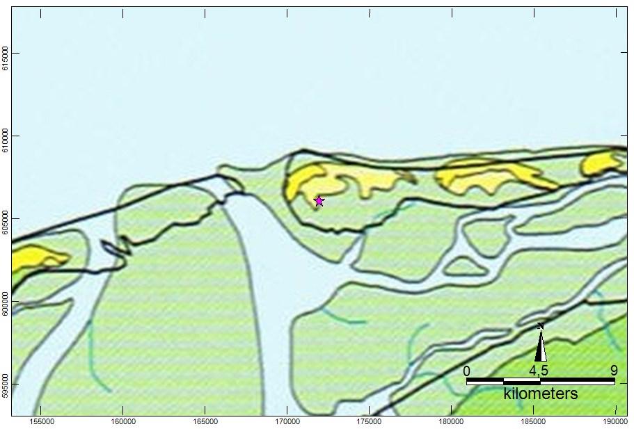 Afbeelding 3a. Plangebied (paarse ster) op een paleogeografische kaart van 100 na Chr. van de omgeving van Ameland. 3 Afbeelding 3b. Plangebied (paarse ster) op een paleogeografische kaart van 1.500 na Chr.
