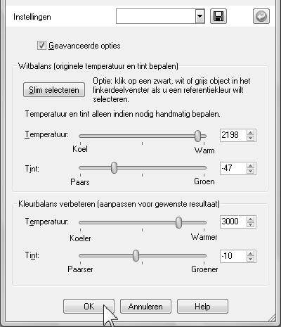 opties de kleurbalans nog meer aanpassen: Klik een vinkje voor U kunt nu de kleurbalans nog