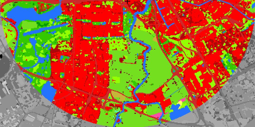 De kaart toont het landgebruik tot een straal van 6 km rond het plan.