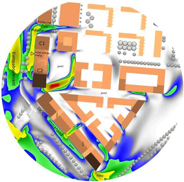 De bestaande situatie is in feite gedefinieerd met het computermodel waarmee windhinder met een andere omgevende bebouwing is berekend door Peutz in oktober 2016.