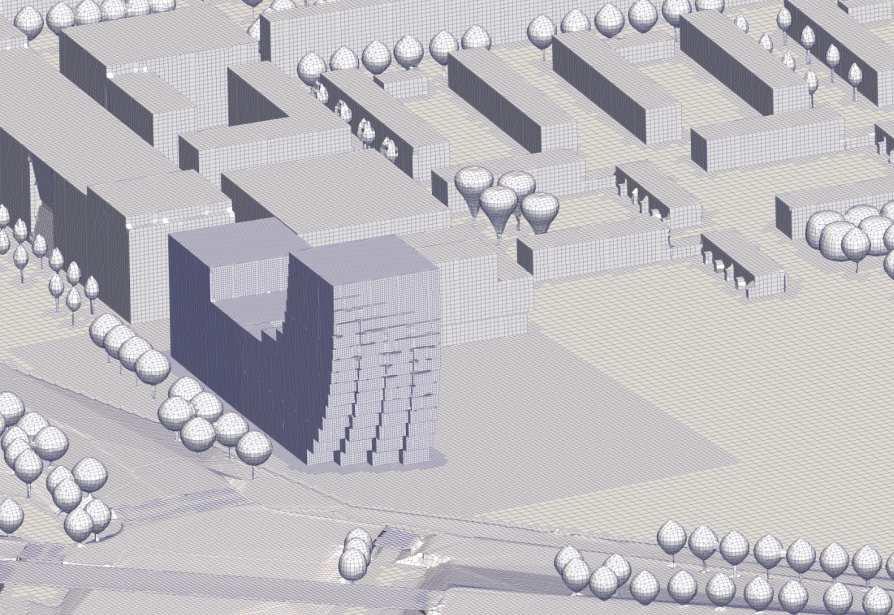 Figuur 5: Impressie van het grid van het rekenmodel. 5. Resultaten Figuur 6 toont de overschrijdingskansen voor windhinder op 1,75 m boven maaiveld rond het project.