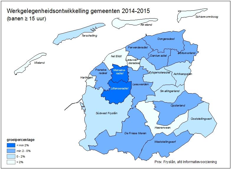 7 Werkgelegenheid naar gemeente Onderstaand kaartje toont de werkgelegenheidsontwikkeling van de Friese gemeenten.