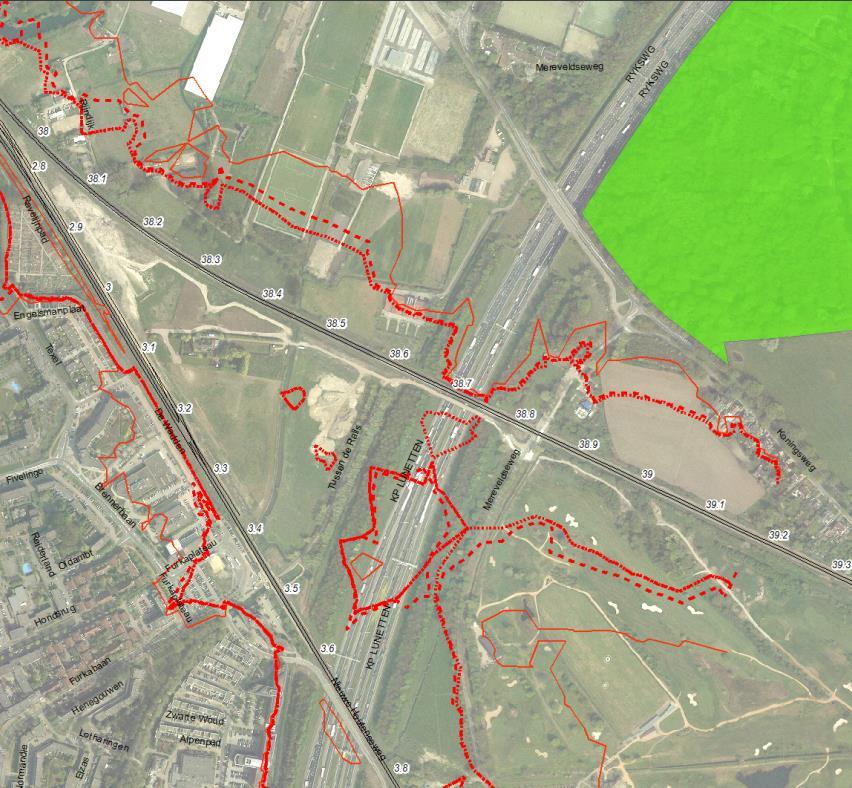 figuur 64 zijn de berekende geluidscontouren ter hoogte van het dichtstbijzijnde EHS gebied weergegeven (Kromme Rijn). In de huidige situatie ligt de 55 db(a) contour buiten de EHS.