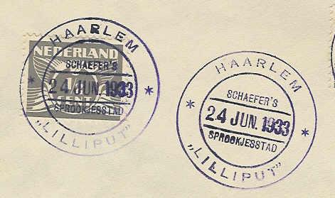 3: stempels Utrecht en Haarlem 1933 Het Haarlemse stempel staat afgedrukt op een prentbriefkaart waarop The Warner Sisters te zien zijn, twee vrouwelijke artiesten uit Schaefers gezelschap Waar de