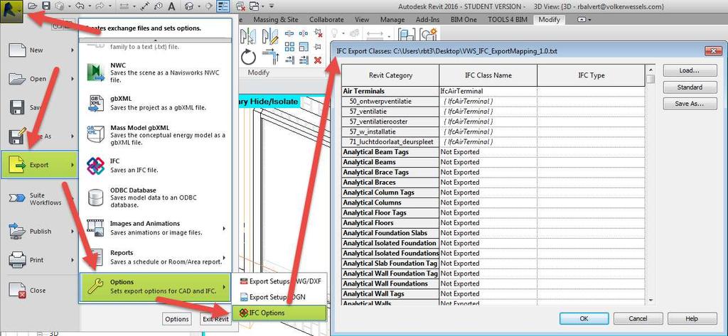 Zo kun je de IFC Export tabel vinden Naast de export mapping bestaat er ook de mogelijkheid om twee IFC parameters op te nemen bij objecten zodat je specifiek aan kunt geven naar welke IFC entiteit