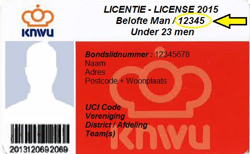 Wedstrijdlicentie KNWU: licentienummer bestaat uit maximaal 5 cijfers (Let op: het bondslidnummer is niet het licentienummer!
