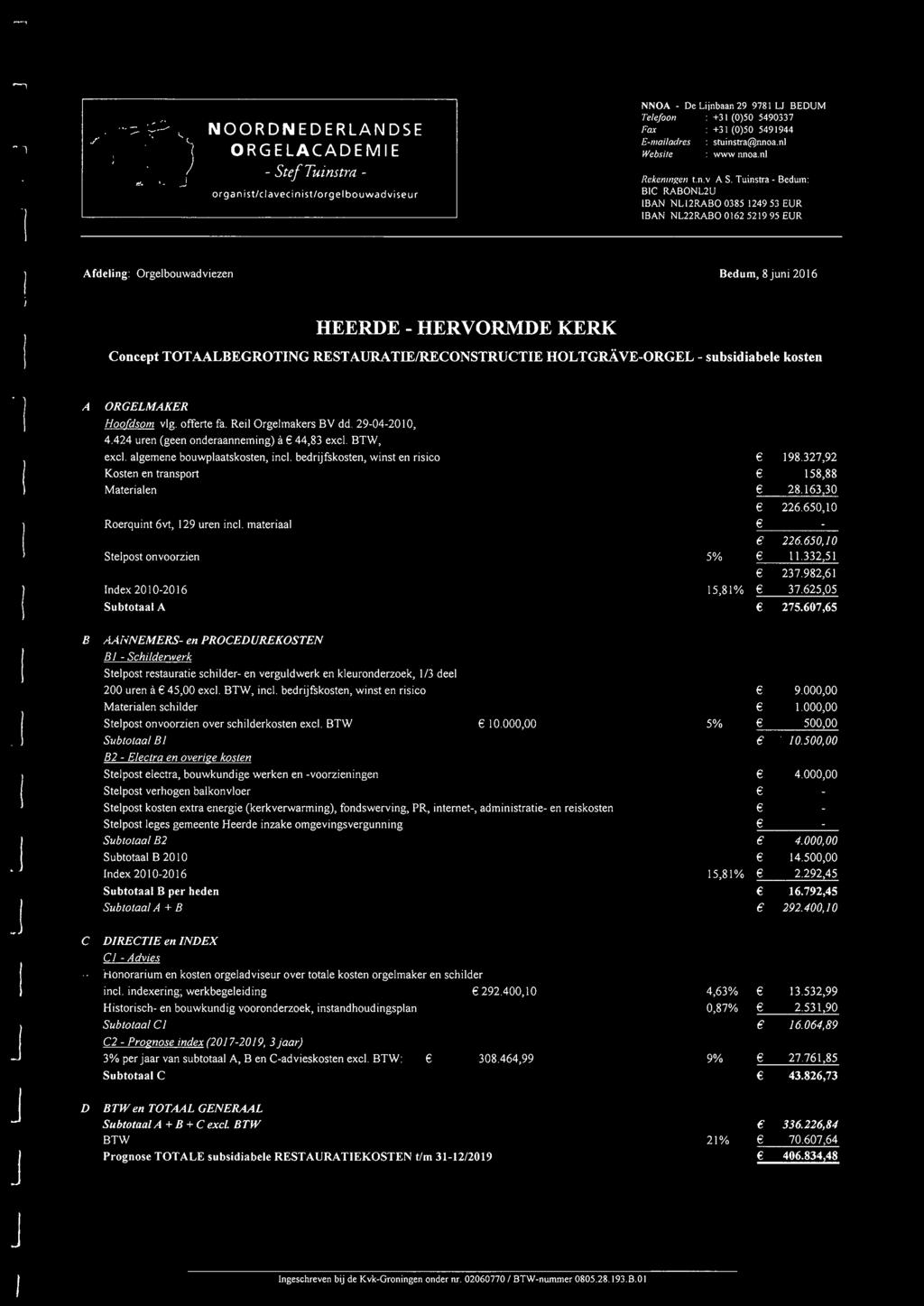 Tuinstra - Bedum: BIC RABONL2U fban NL12RABO 0385 124953 EUR IBAN NL22RABO 0162 5219 95 EUR C-l I Afdeling: Orgelbouwadviezen Bedum, 8 juni 2016 HEERDE - HERVORMDE KERK Concept TOT MLBEGROTING