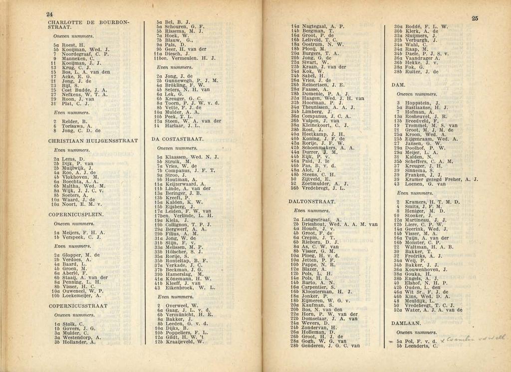 24 CHARLOTTE DE BOURB ON STRAAT. 5a Roest, H. 5b Kooijman, Wed. J. 7 Noordegraaf, C. P. 9 Manneken, C. 11 Kooijman, J. J. 13 Krug, C. J. 15 Bos, L. A. van den 17 Acke, E. G. 21 Jong, J. de 23 Bijl, S.