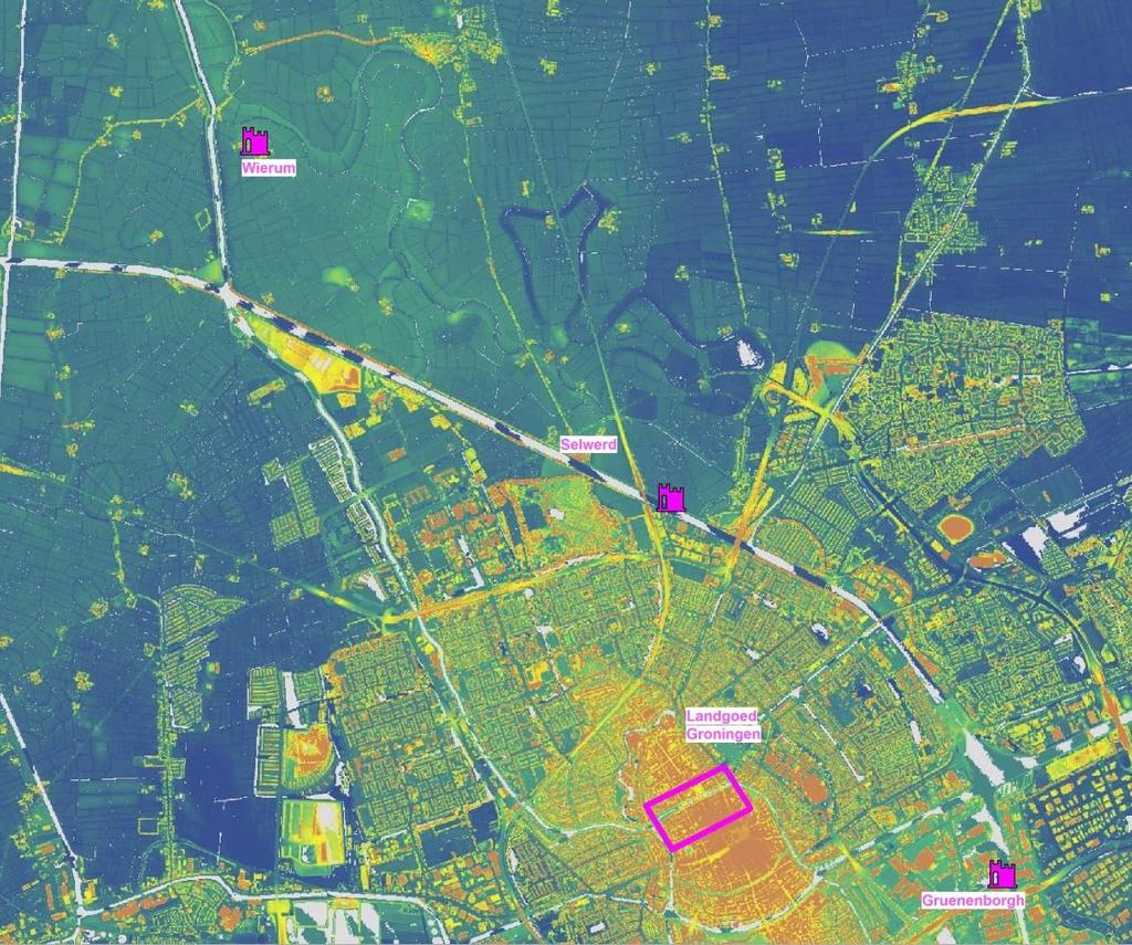 Linksboven op de door mij opgewerkte kaart van de hedendaagse stad Groningen en het direct ten noorden van de stad gelegen gebied, is de terp Wierum aangegeven waar de oude Hunze instroomt in het