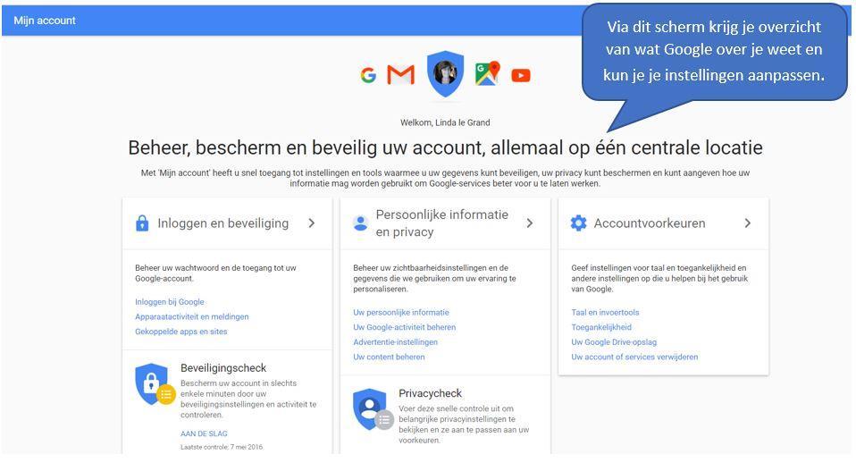 Checken en eventueel aanpassen instellingen Google-account Ga naar google en meld je aan Klik op je foto rechtsboven en daarna op