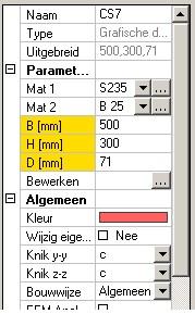 Kapitel 1 Naam Mat 1, 2, etc. Kleur Knik y-y Knik z-z Fabricage Specificeert de naam van de doorsnede Materialen gebruikt in de algemene doorsnede.