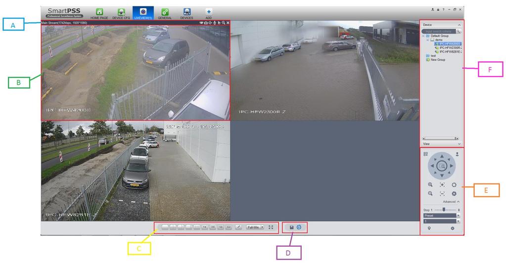 Live view Camera Real-time beelden bekijken Met de Real-time Liveview kan je live beelden bekijken, beelden opnemen, een scherm afdruk maken van de beelden en PTZ camera s besturen.