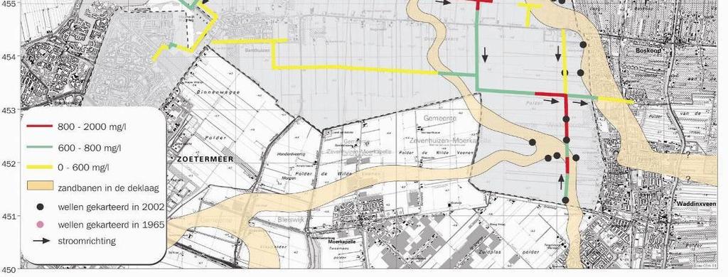 Oppervlaktewater met een hoog zoutgehalte wordt voornamelijk aangetroffen in waterlopen in de omgeving van grote wellen en zandbanen in de ondergrond.