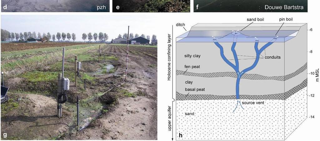 stroming van welwater van 11 C o, g) wel op land, h) schematisch diagram van wel met verschillende uitstroomopeningen (overgenomen uit: De Louw e.a., 2010).