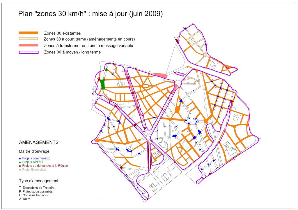 Kaart 5: Uitbreiding van zones 30 Plan zone 30 : update (juni 2009) Bestaande zone 30 Zone 30 op korte termijn (lopende aanlegwerken) Zones te veranderen in zone met variabele informatie Zone 30 op