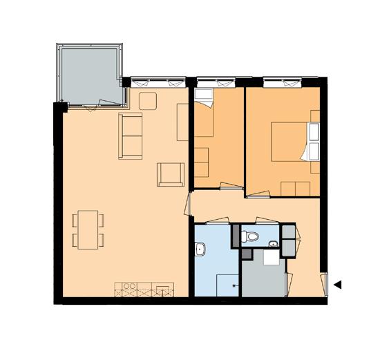 5,6 m2 Twee slaapkamers: ca. 8,4 m2 en 13,5 m2 : ca. 5,5 m2 inpandig: ca.