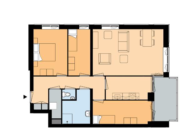 Cluster 1 en 3 - Woningtype A03 Cluster 1 en 3 - Woningtype A04 1e t/m 5e verdieping Woonoppervlakte (totale GBO): ca. 92,8 m2 Woonkamer: ca. 26,9 m2 : ca. 8,6 m2 Drie slaapkamers: ca.