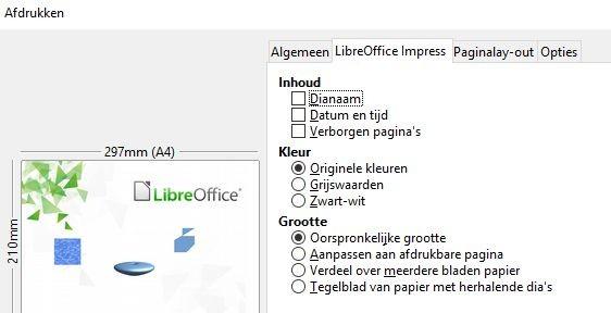 LibreOffice Impress Op het tabblad LibreOffice Impress van het dialoogvenster Afdrukken (Afbeelding 4) kunt u selecteren hoe uw presentatie wordt afgedrukt, door gebruik te maken van de delen Inhoud,