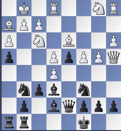 Beide spelers hebben de kaarten volledig op tafel gelegd. Zwart heeft al zijn munitie op de koningsvleugel gericht met een aantal typische Albin zetten, terwijl wit tegenspel zoekt op de damevleugel.