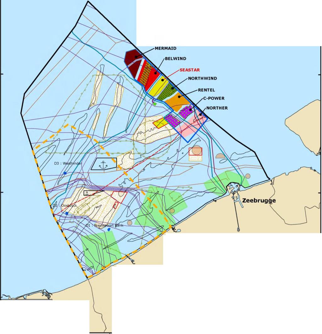 Stortplaats O Maricultuurzone Zone de mariculture Zone fermée é l'extraction des ressources minérales Site dé déversement Zone voor militaire activiteiten Gebied van