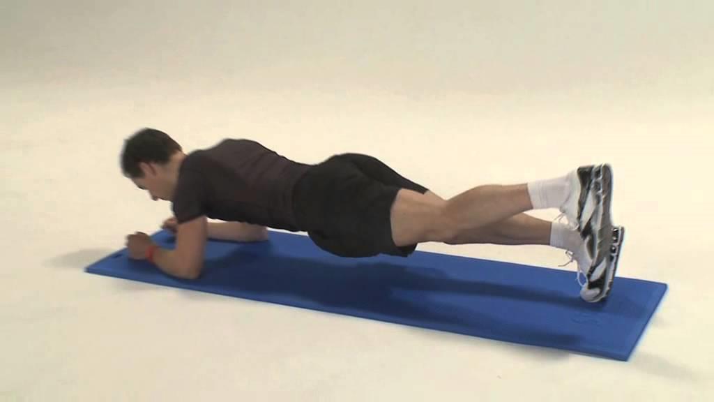 Plank met beenhef Uitvoering: Ga in elleboog- en tenensteun op een matje of harde ondergrond.
