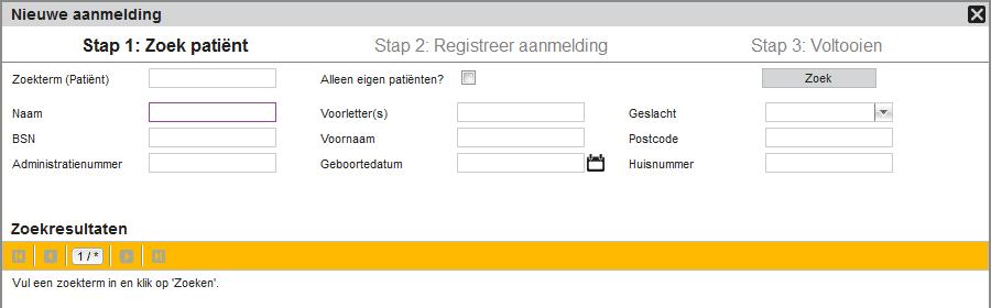 Wanneer u een nieuwe patiënt gaat aanmelden wordt eerst uitgezocht of de betreffende patiënt niet al in Incura bekend is. Dit wordt gedaan in 'Stap 1: Zoek patiënt'. 1.2.