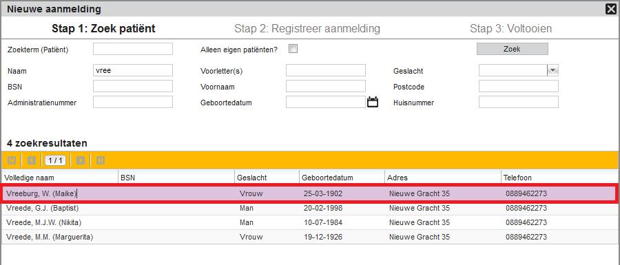 Figuur 3: Zoeken naar eventueel al voorkomende patiënten Er kunnen zich nu twee situaties voordoen: 1. U vindt een patiëntnaam waarvan blijkt dat dit de persoon is die u wilt aanmelden.