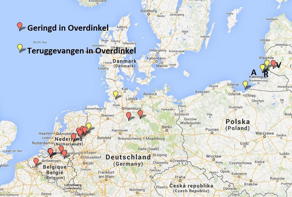 Figuur 7. Locaties met terugvangplaatsen en ringplaatsen van Koolmezen van de invasie van 2012.