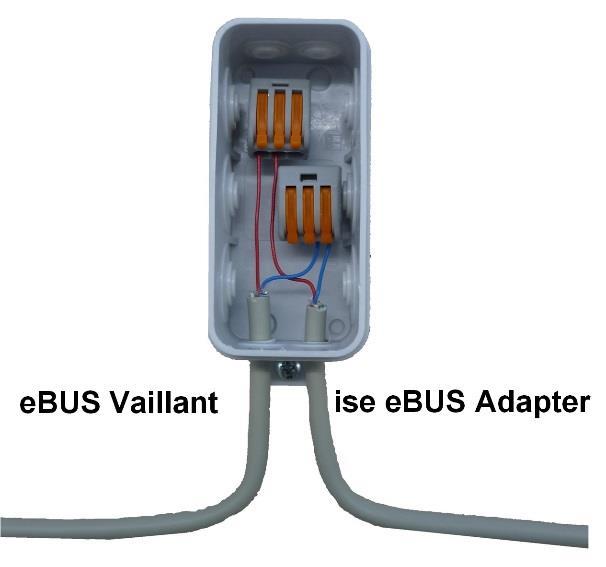 2.5 Aansluiting van de ise ebus Adapter op de ebus ise smart connect KNX Vaillant Montage, elektrische aansluiting bediing Het uitvoerde bedrijf voor de verwarming heeft e aftakdoos geïnstalleerd,
