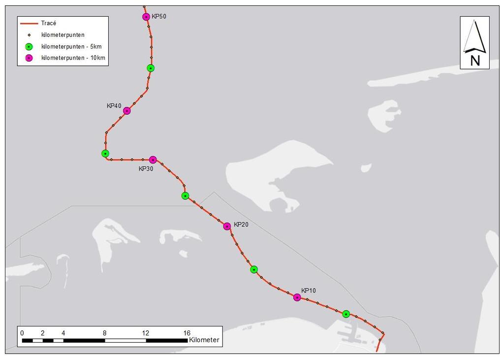 Passende Beoordeling COBRAcable Figuur 2.2: De kilometerpunten op het tracé, de groene cirkels geven de kilometerpunten om de 5km aan, de roze cirkels geven de kilometerpunten om de 10km aan. Tabel 2.