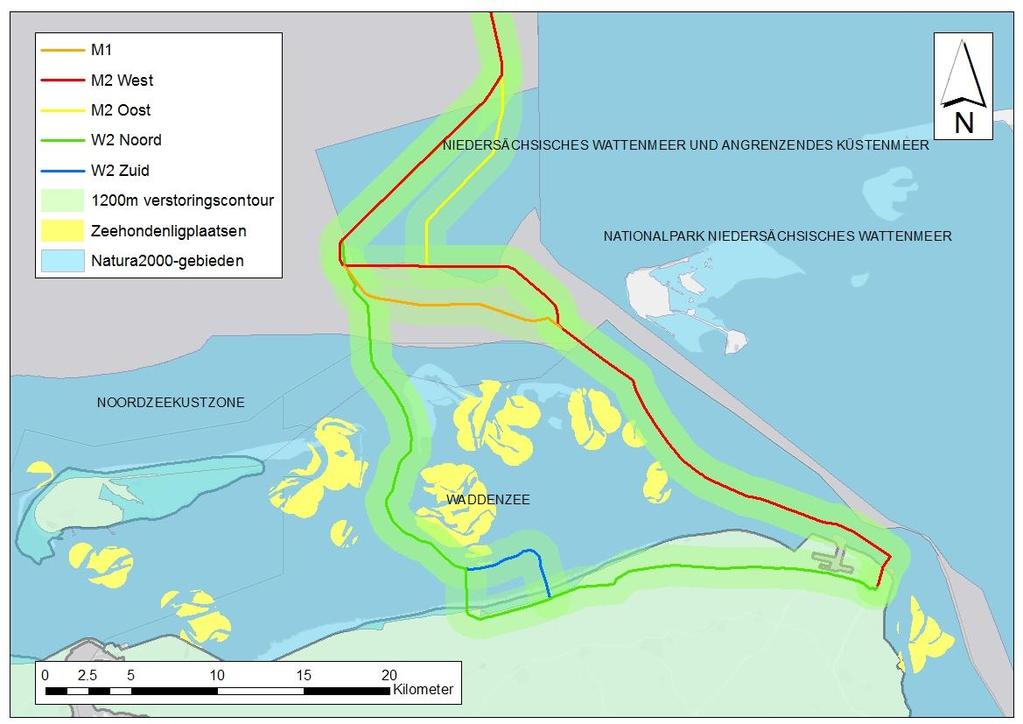 Interconnector Cobracable Nederland-Denemarken Milieueffectrapport - DEEL B Afbeelding 33: Zeehondenligplaatsen en verstoringscontour bovenwatergeluid.