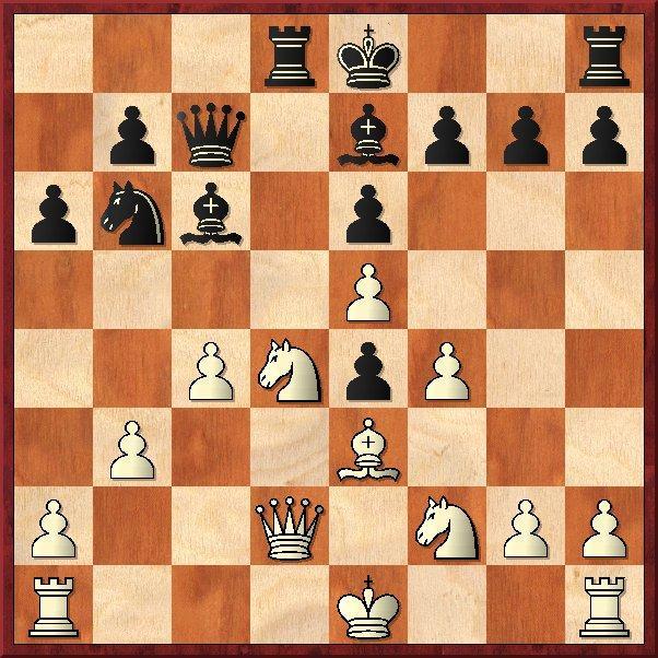 17. Da5 Nu win ik een pion. 17...Pd5 18. Dxc7 Lb4+ het was beter om niet nu schaak te zetten want ik wou de koning toch al daar neerzetten en de loper wordt dadelijk een aanvalsdoel. 19. Ke2 Pxc7 20.