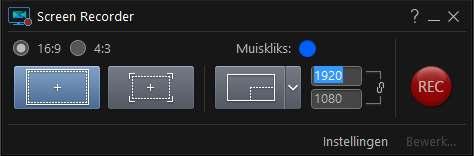 Er zijn 3 mogelijkheden om op te nemen: - het hele beeldscherm - het gedeelte dat het programma gebruikt - met de muis aangeven welk deel Ook kan de beeldverhouding worden gekozen.
