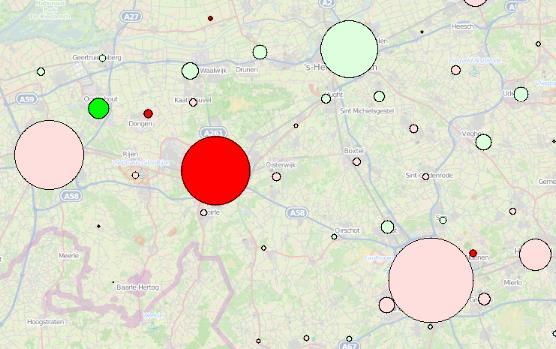 Hierin is voor iedere gemeente in Brabant een bolletje getekend. De omvang van de bol komt overeen met het aantal autoverplaatsingen naar de betreffende gemeente toe.