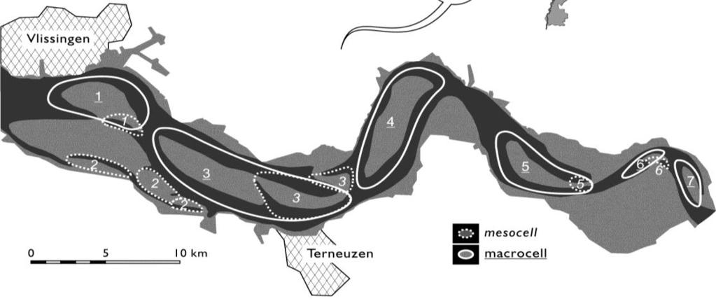 Dit stelsel van geulen en platen manifesteert zich in een regelmatig patroon (Van Veen, 1950) van zes zogenoemde bochtgroepen (Jeuken 2000, zie Figuur 3-1).