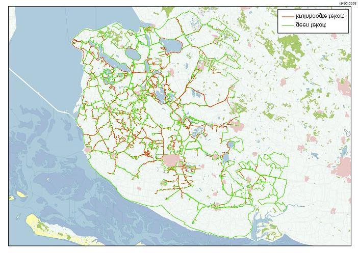 Figuur 4.7 Kaden met geen tekorten (groen) en kruinhoogte tekort (rood) volgens scenario VBA Uit Tabel 4.1 en Figuur 4.