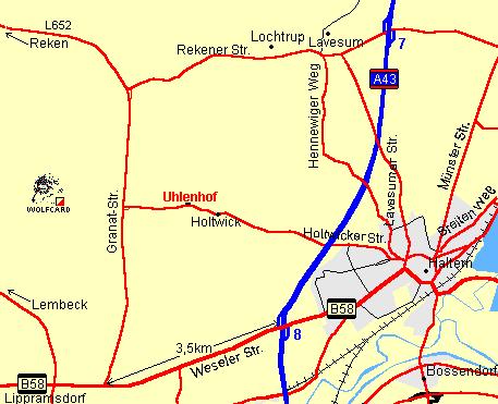 Met uw GPS kunt u de Uhlenhof vinden onder deze coördinaten: N 51 45'15" E 07 7'31" of N 51.75389 E 007.