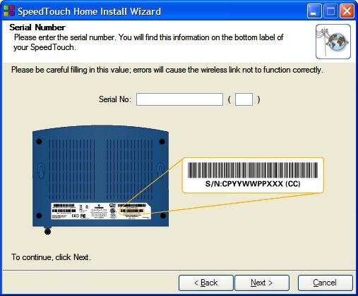 Hoofdstuk 2 Basisinstallatie 2 Voer uw SpeedTouch serienummer in en klik op Volgende.