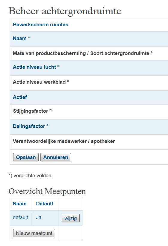 Dan verschijnt het menu Beheer achtergrondruimte : Klik op Nieuw meetpunt om het beheer meetpunten te openen: 6.1.3.1 Naam meetpunt Geef elk meetpunt een unieke naam.