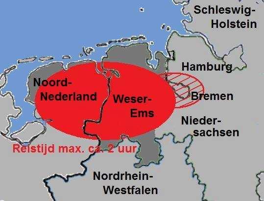 Weser-Ems). Van de verder weg gelegen grote steden is (alleen vanuit Groningen) Bremen ook in 2 uur te bereiken.